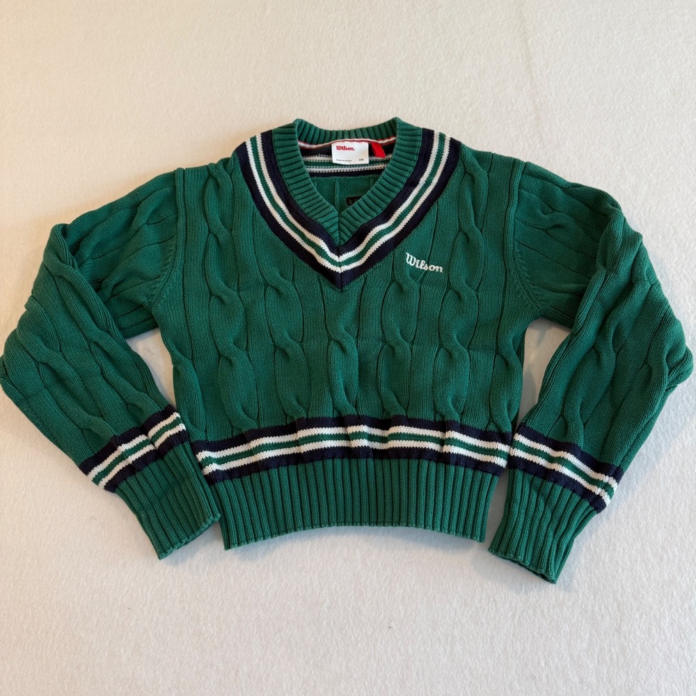 Wilson Cable Knit V-Neck Varsity Sweater Women XS Green WW00334431